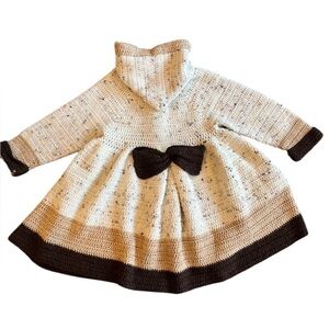 Homemade Crocheted Cream and Brown Hooded Girls Cardigan. Bow Detail on Back.
